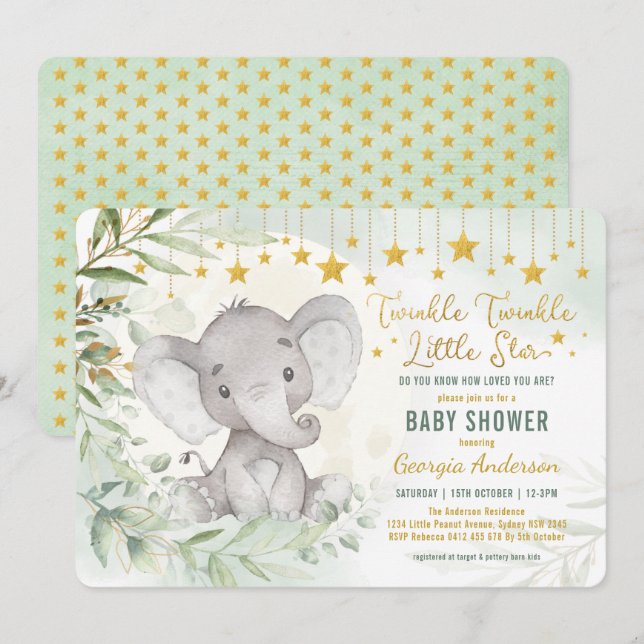 Twinkle Little Star Greenery Elephant Baby Shower Invitation (Front/Back)