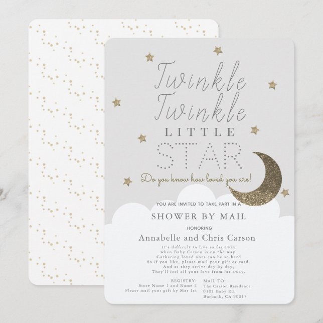 Twinkle Little Star Grey Baby Shower by Mail Invitation (Front/Back)