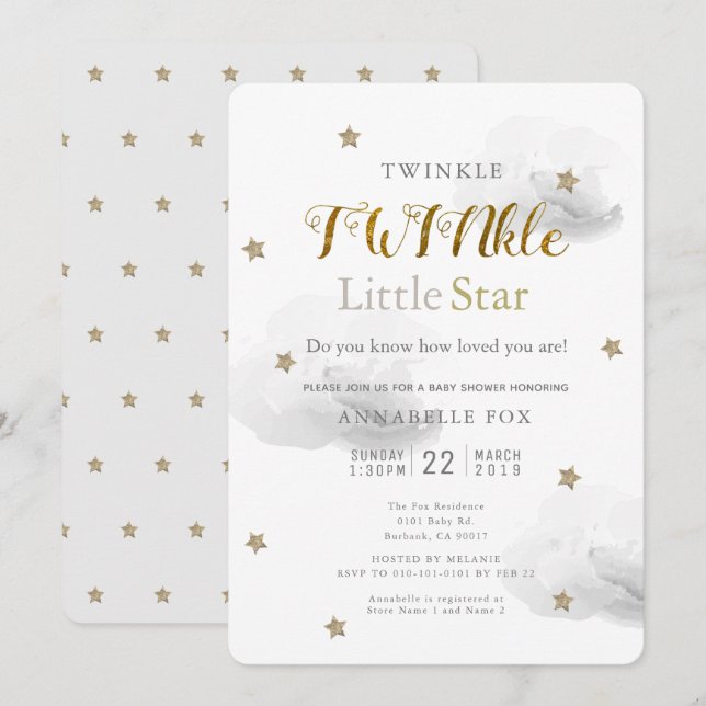 Twinkle Little Star & Grey Cloud Twin Baby Shower Invitation (Front/Back)