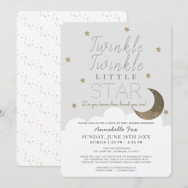 Twinkle Little Star Grey Drive-by Baby Shower Invitation (Front/Back)