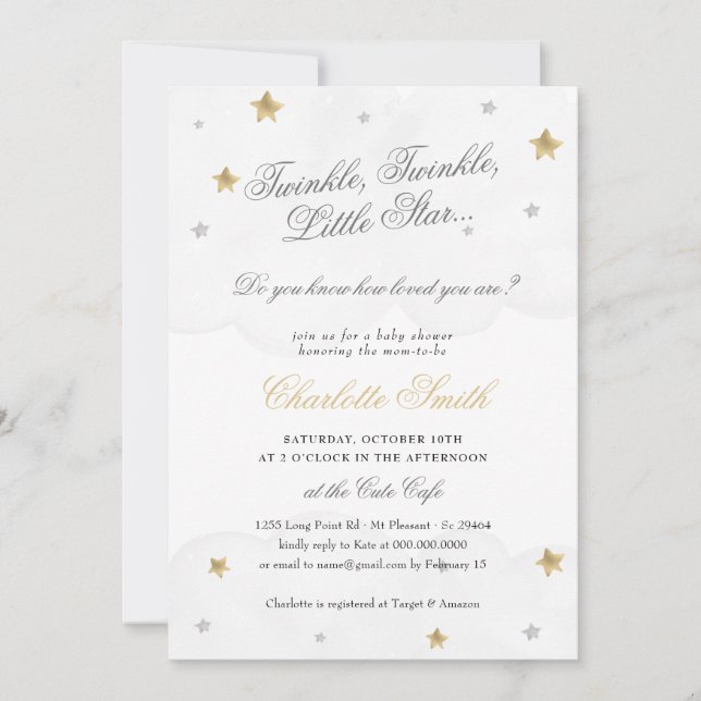 Twinkle Little Star Grey Gold Elegant Baby Shower Invitation (Front)