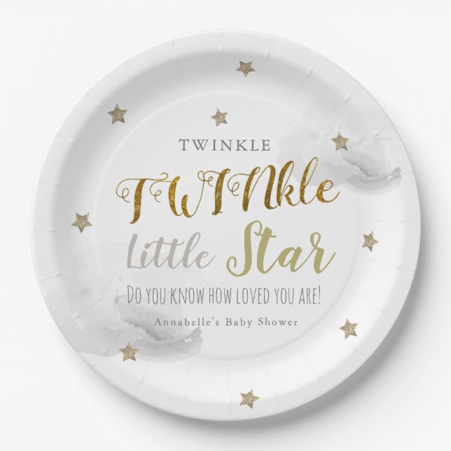 Twinkle Little Star Grey Twin Baby Shower Paper Plate (Front)