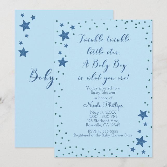 Twinkle Little Star Light Blue Boy Baby Shower Invitation (Front/Back)