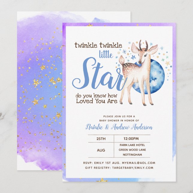 Twinkle Little Star Little Deer Blue Gold Modern Invitation (Front/Back)