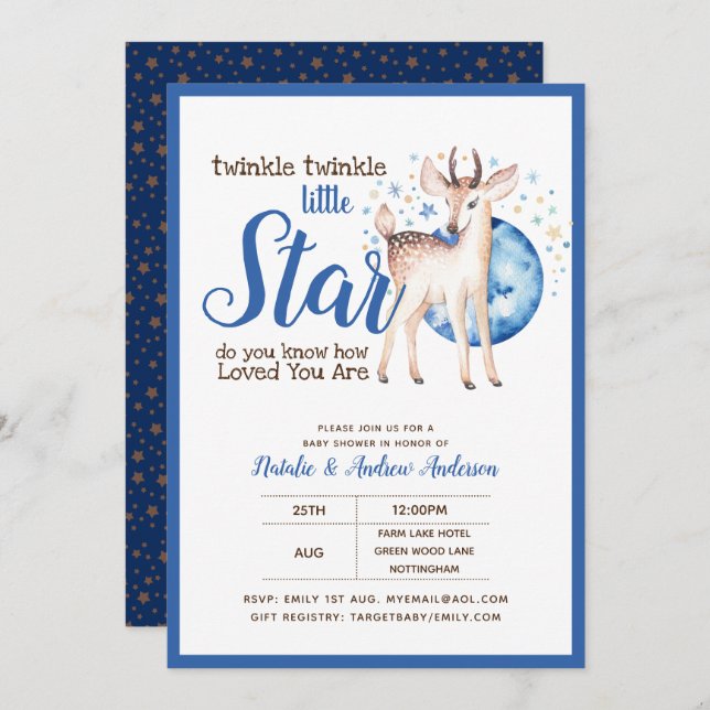 Twinkle Little Star Little Deer Blue Gold Modern Invitation (Front/Back)