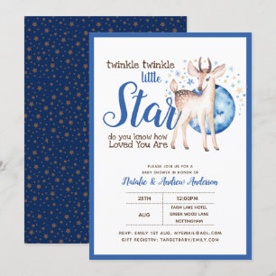 Twinkle Little Star Little Deer Blue Gold Modern Invitation