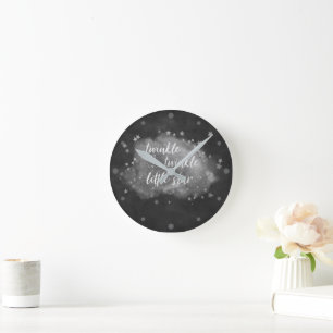 Twinkle Little Star   Monochrome Charcoal Silver Round Clock
