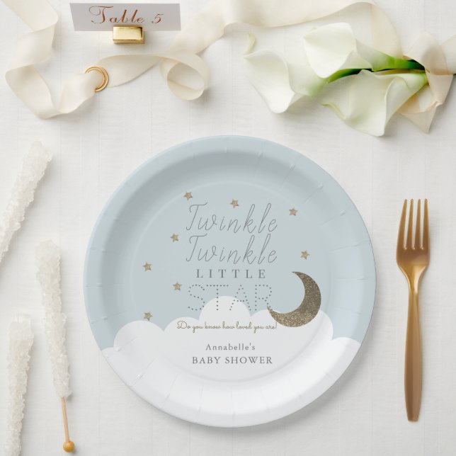 Twinkle Little Star Moon Blue Baby Shower Paper Plate (Wedding)