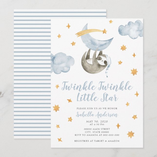 Twinkle Little Star Moon Blue Boy Baby Shower Invitation (Front/Back)