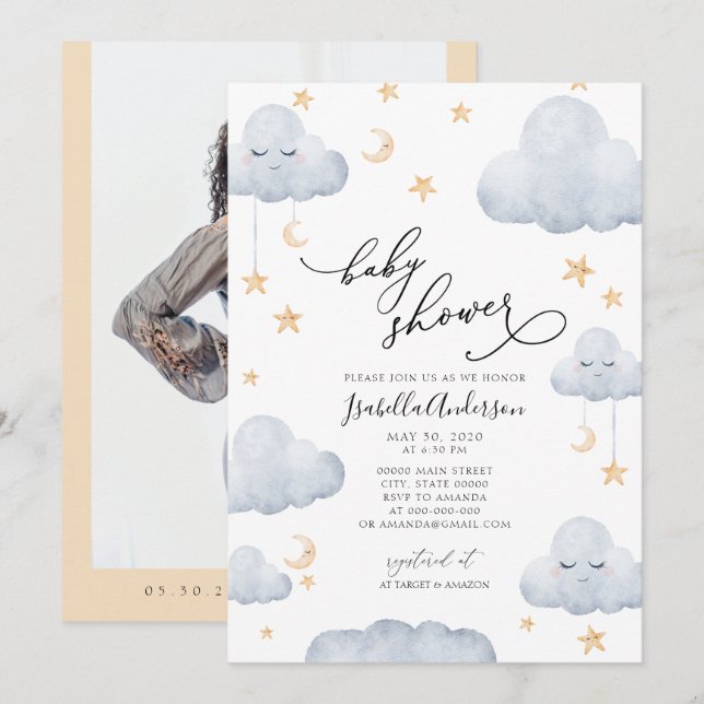 Twinkle Little Star Moon Blue Yellow Baby Shower  Invitation (Front/Back)