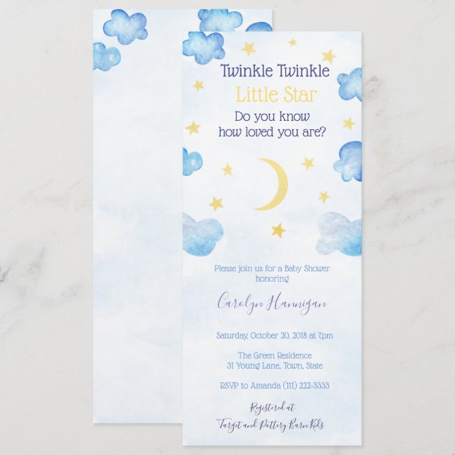 Twinkle Little Star Moon Clouds Sky Baby Shower Invitation (Front/Back)