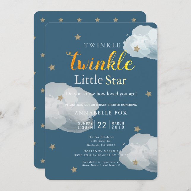 Twinkle Little Star Navy Baby Shower Invitation (Front/Back)