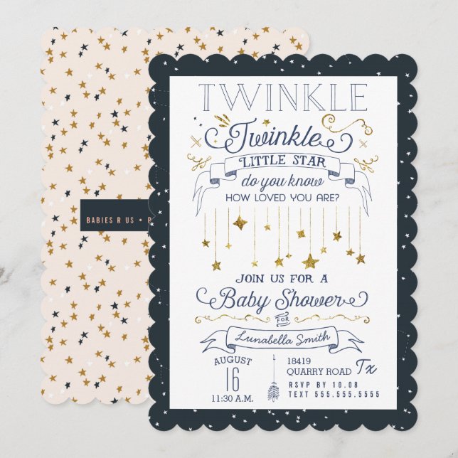 Twinkle Little Star Navy Baby Shower Invitations (Front/Back)
