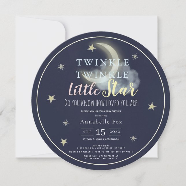 Twinkle Little Star Navy Blue Circle Baby Shower Invitation (Front)
