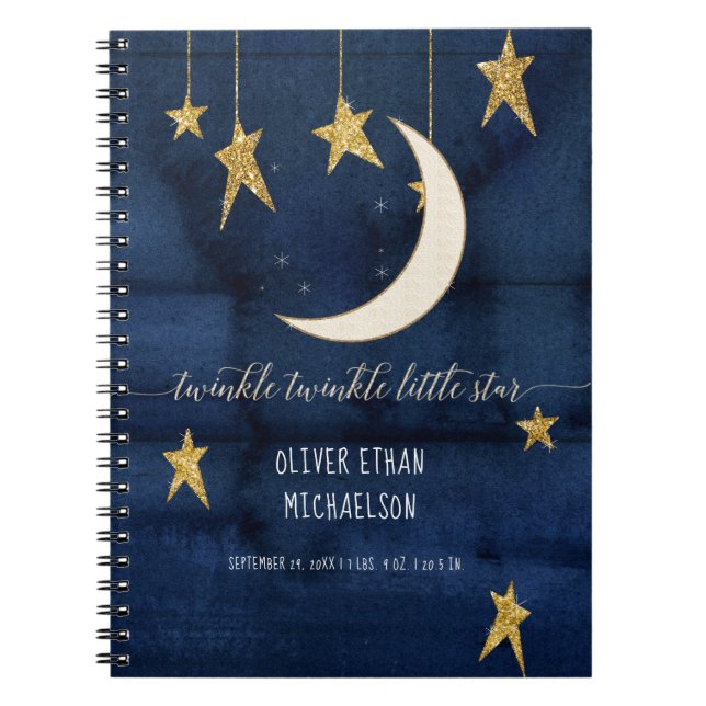 Twinkle Little Star Navy Wood Gold Boy Baby Shower Notebook (Front)