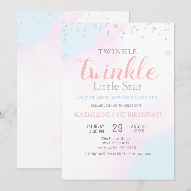 Twinkle Little Star Neutral Girl & Boy Birthday Invitation (Front/Back)