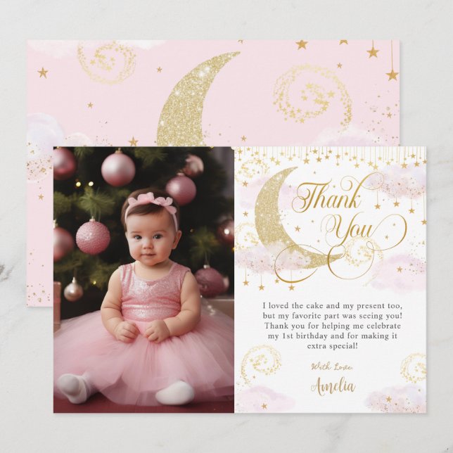 Twinkle Little Star Pastel Pink 1st Birthday Photo Thank You Card (Front/Back)