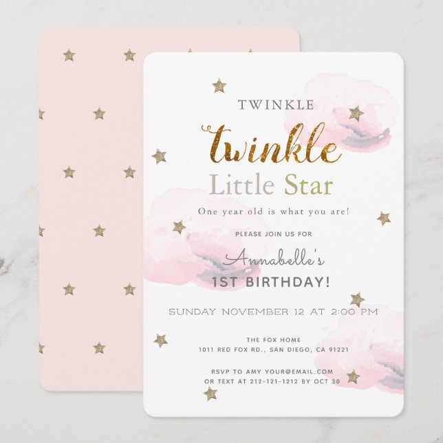 Twinkle Little Star Pink 1st Birthday Invitation (Front/Back)