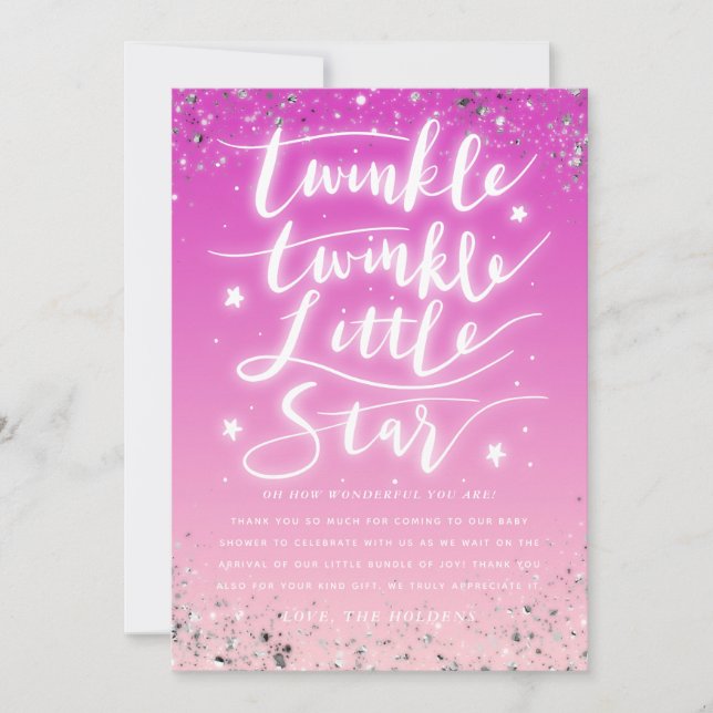 Twinkle Little Star Pink and Silver Baby Shower Thank You Card (Front)