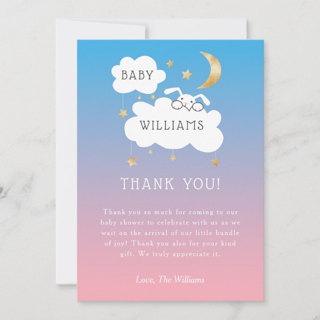Twinkle Little Star Pink Blue Bunny Gender Reveal Thank You Card (Front)