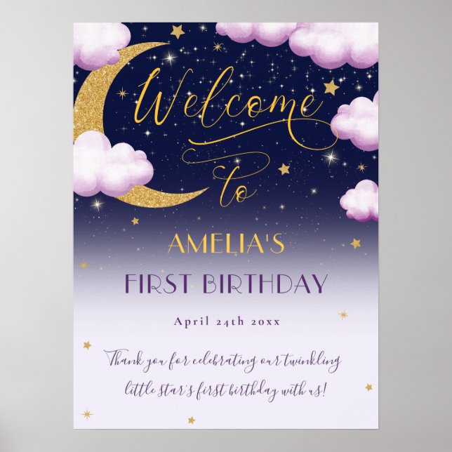 Twinkle Little Star Pink First Birthday Welcome Poster (Front)