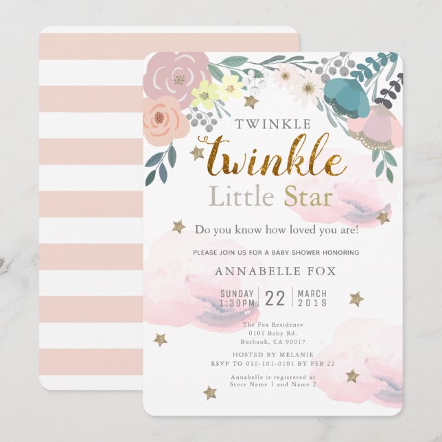 Twinkle Little Star Pink Floral Baby Shower Invitation (Front/Back)