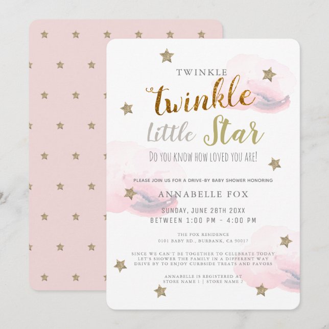 Twinkle Little Star Pink Girl Drive-by Baby Shower Invitation (Front/Back)