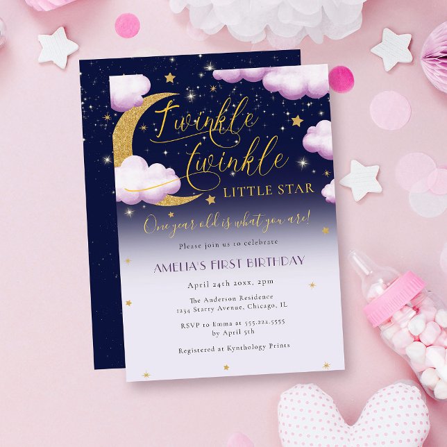 Twinkle Little Star Pink Girl First Birthday Invitation (Creator Uploaded)