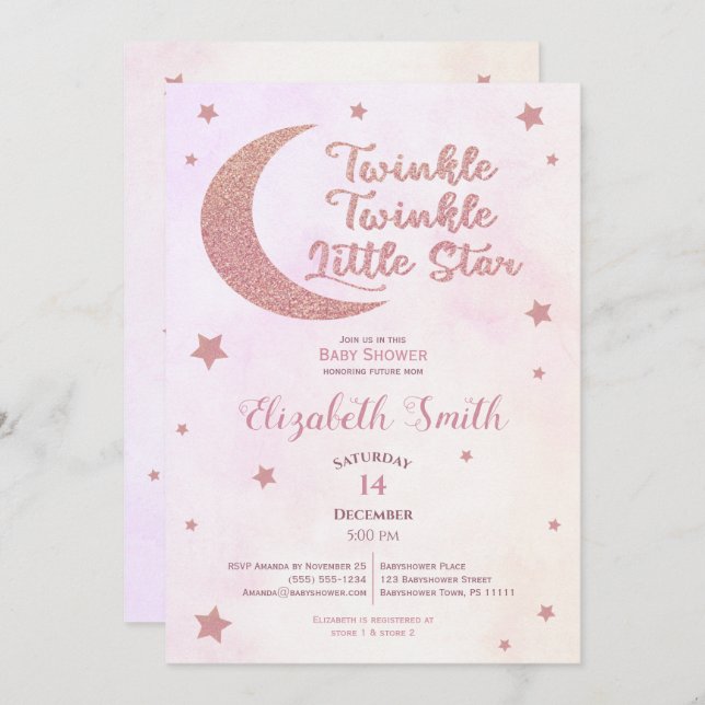 Twinkle little star pink glitter babyshower invitation (Front/Back)