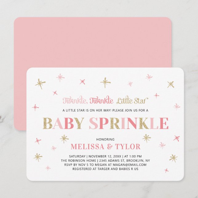 Twinkle Little Star Pink & Gold Baby Sprinkle Invitation (Front/Back)
