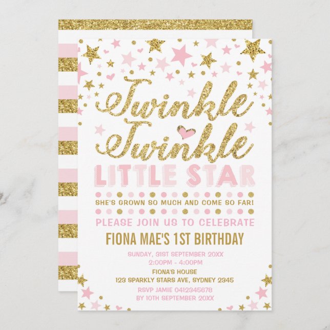 Twinkle Little Star Pink & Gold Birthday Invite (Front/Back)