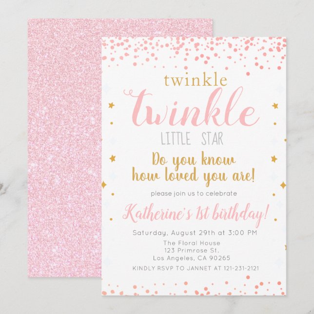 Twinkle Little Star Pink & Gold Girls 1st Birthday Invitation (Front/Back)