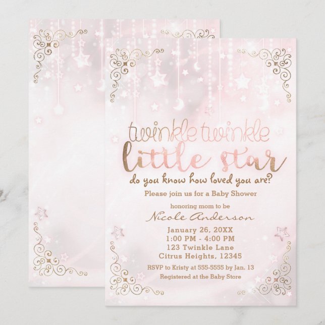 Twinkle little Star Pink Gold Sparkle Baby Shower Invitation (Front/Back)