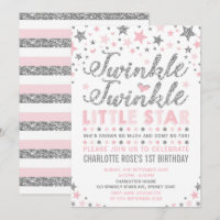 Twinkle Little Star Pink Silver Birthday Invite