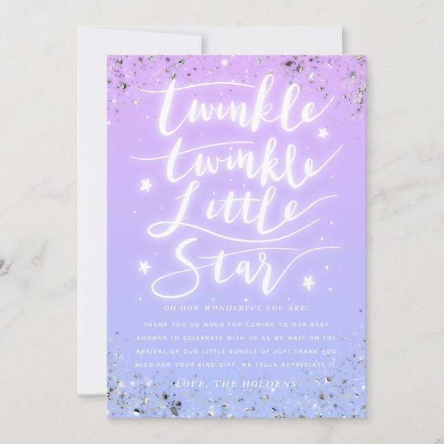 Twinkle Little Star Purple Blue Unisex Baby Shower Thank You Card (Front)