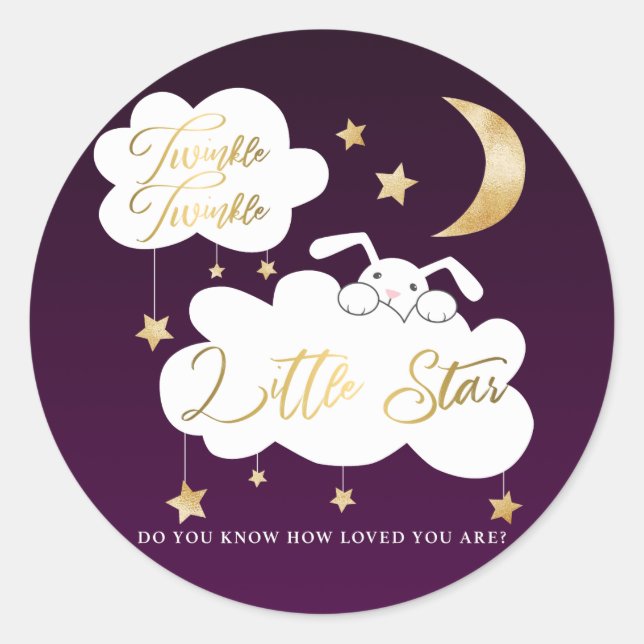 Twinkle Little Star Purple Bunny Baby Shower Favou Classic Round Sticker (Front)
