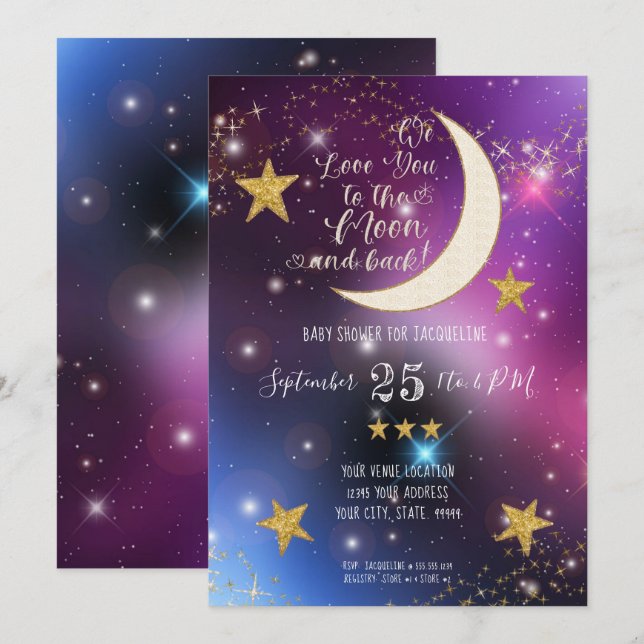 Twinkle Little Star Purple Gold Moon Baby Shower Invitation (Front/Back)