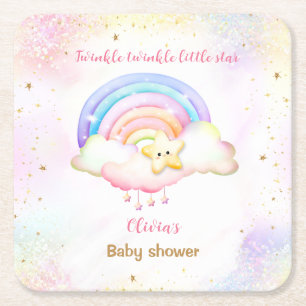 Twinkle Little Star Rainbow Girl Baby Shower Square Paper Coaster