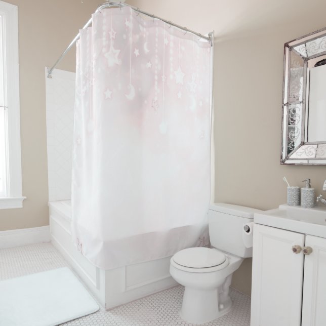Twinkle little Star Rose Gold Celestial Glow Stars Shower Curtain (In Situ)