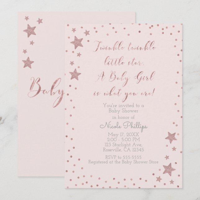 Twinkle Little Star Rose Gold Girl Baby Shower Invitation (Front/Back)