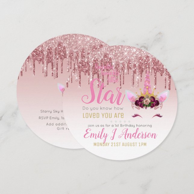 Twinkle Little Star Rose Gold Pink Unicorn Glitter Invitation (Front/Back)