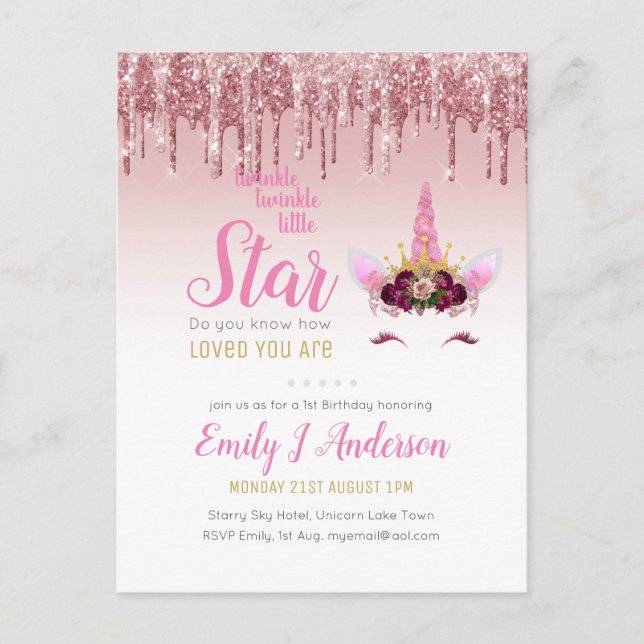 Twinkle Little Star Rose Gold Pink Unicorn Glitter Postcard (Front)