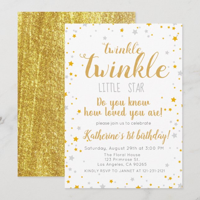 Twinkle Little Star Silver & Gold Girls Birthday Invitation (Front/Back)