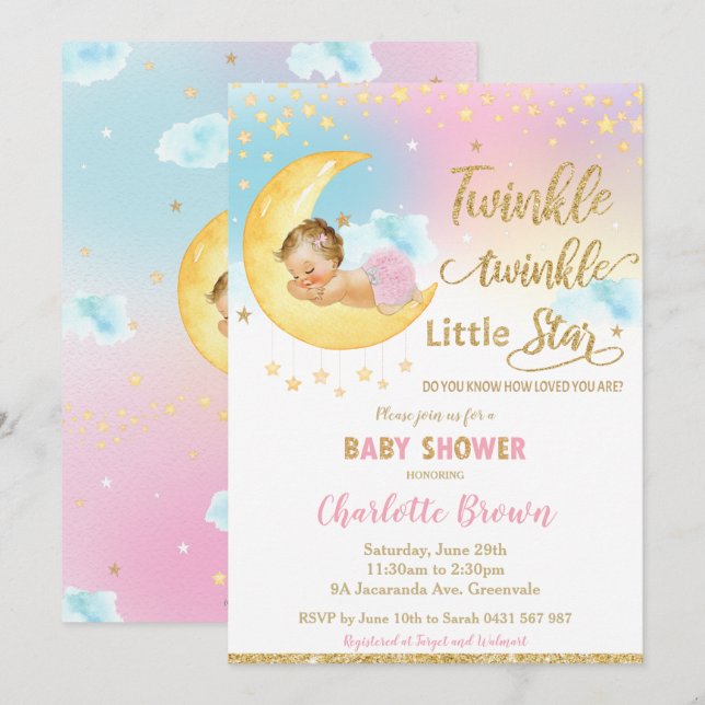 Twinkle Little Star Sleeping Baby Shower Girl  Inv Invitation (Front/Back)