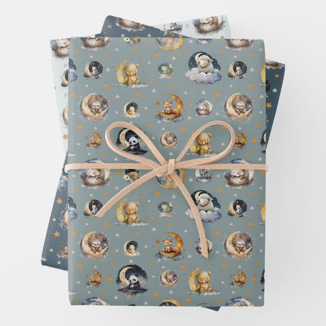 Twinkle Little Star Sleepy Cute Animals Pattern  Wrapping Paper Sheet (In situ)