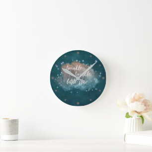 Twinkle Little Star Teal Green and Taupe Brown Round Clock