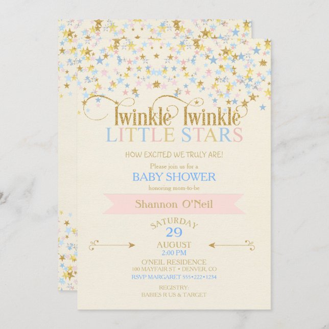 Twinkle Little Star Twins Baby Shower Pink & Blue Invitation (Front/Back)