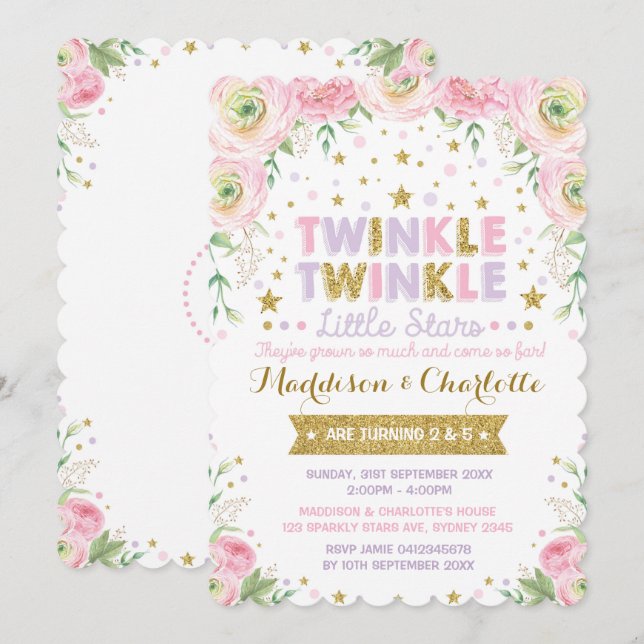 Twinkle Little Star Twins Sisters Birthday Invite (Front/Back)