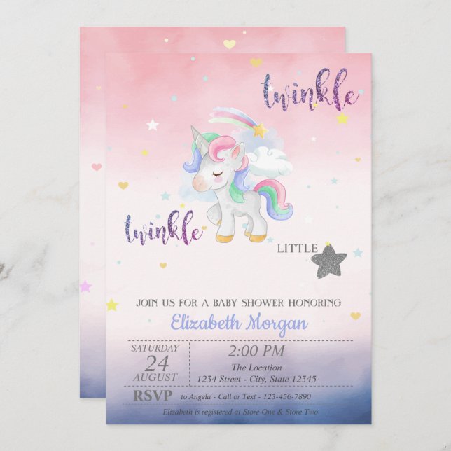 Twinkle Little Star Unicorn Baby Shower Invitation (Front/Back)