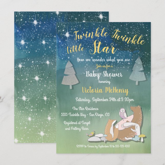 Twinkle little star watercolor animals baby shower invitation (Front/Back)